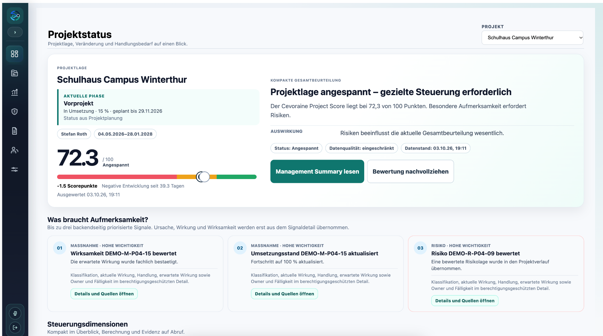 Cevoraine project status for Schulhaus Campus Winterthur, showing preliminary design, progress, Project Score, data quality and prioritised insights on actions and risks.